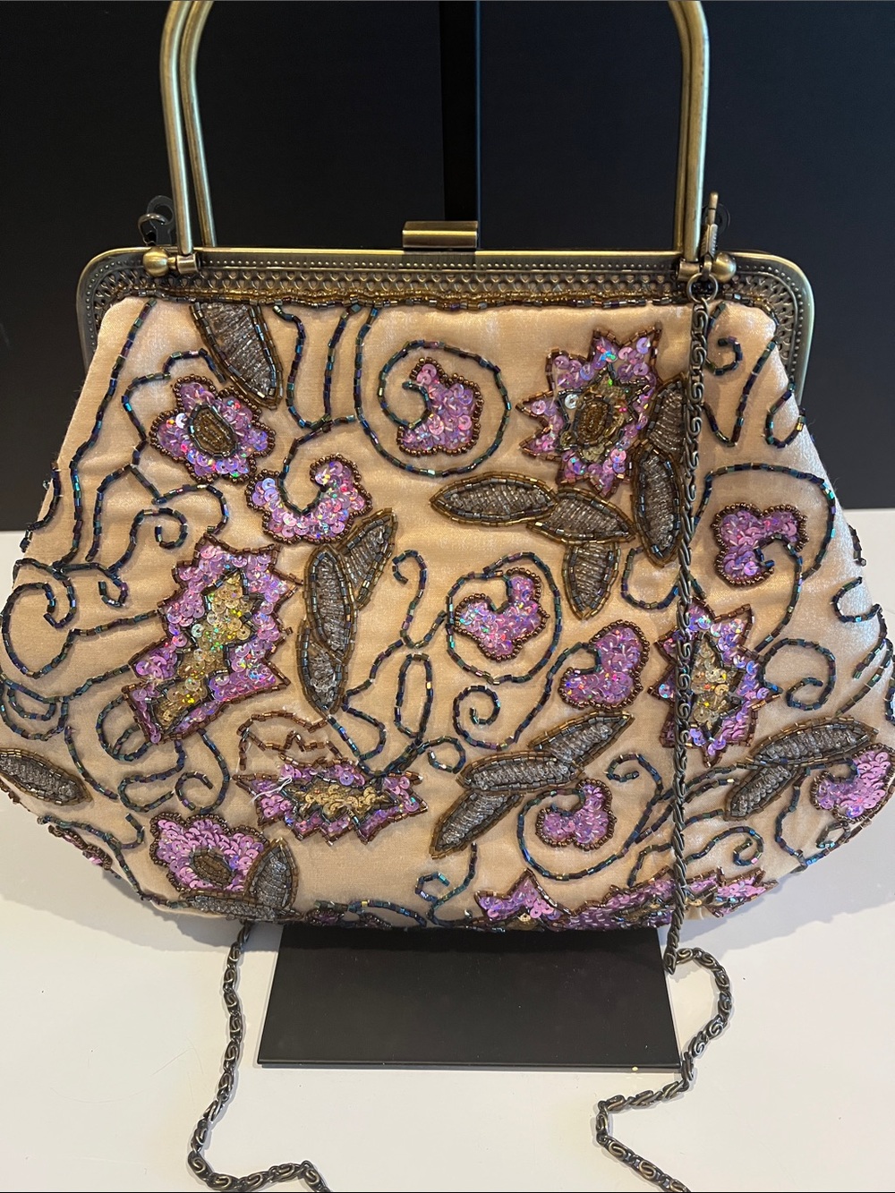 Beaded Soft Gold Floral Evening Clutch with Gold Frame - Picture 4 of 6